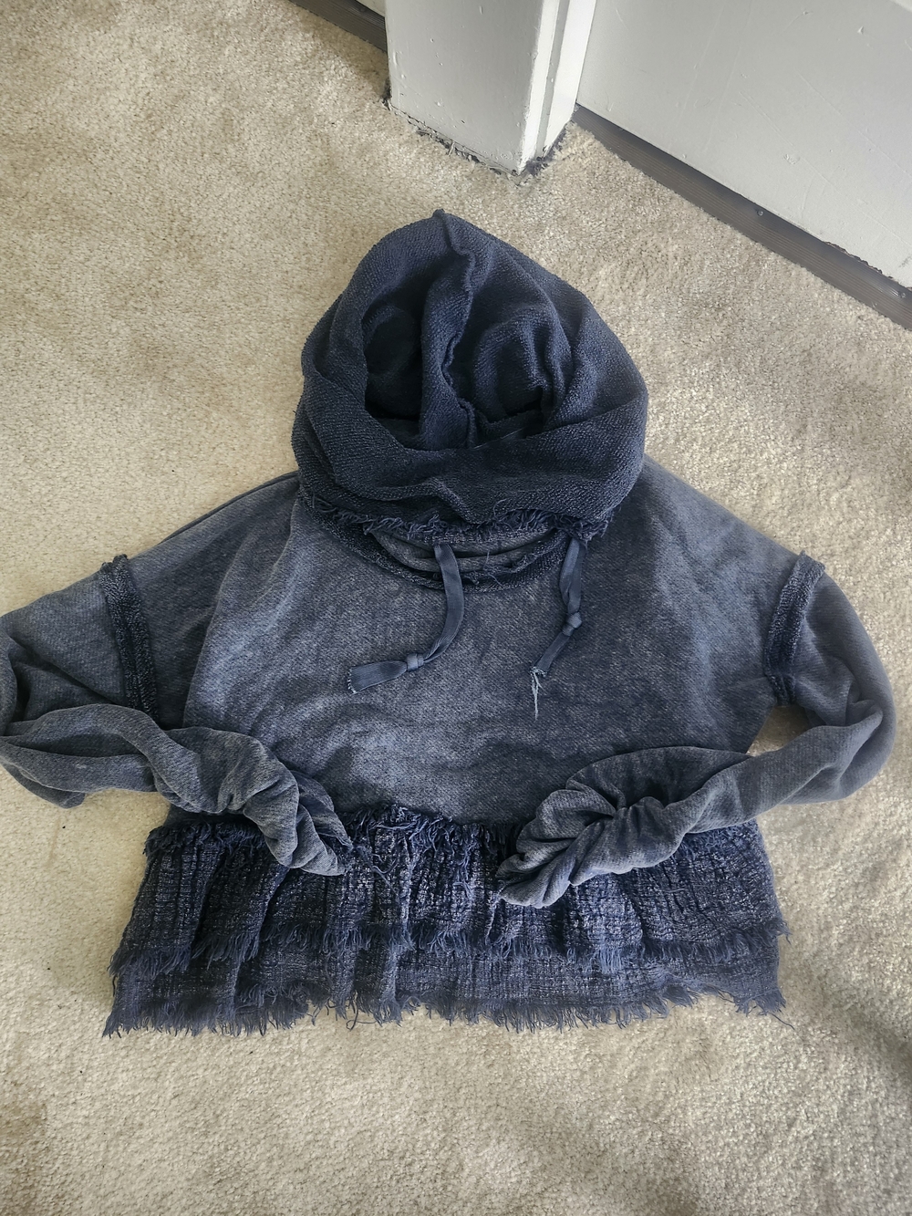 Free People Indigo Washed Fringe-Hem Hooded Sweatshirt